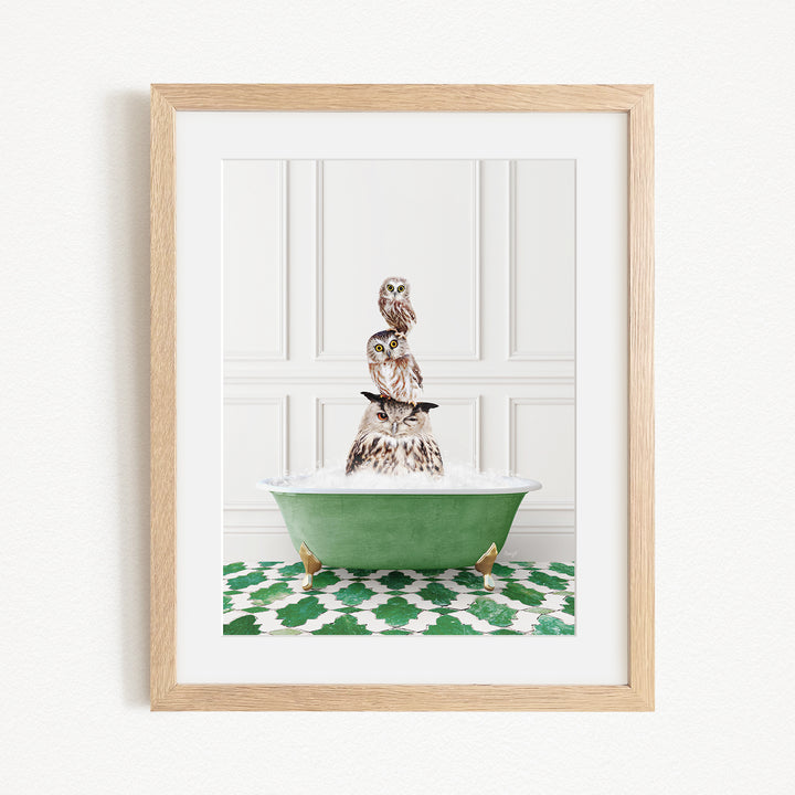A framed image depicting a group of owls sitting in a green bathtub filled with water, creating a whimsical and playful scene.