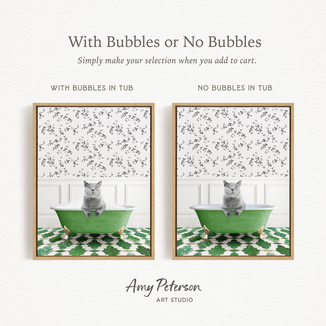 The image is a collage of two pictures, each featuring a cat sitting in a bathtub. The cat appears to be gray and is sitting on the edge of the bathtub. The bathtub is green and has a patterned design. The images are framed and displayed side by side, with the text "With Bubbles or No Bubbles" above them.
