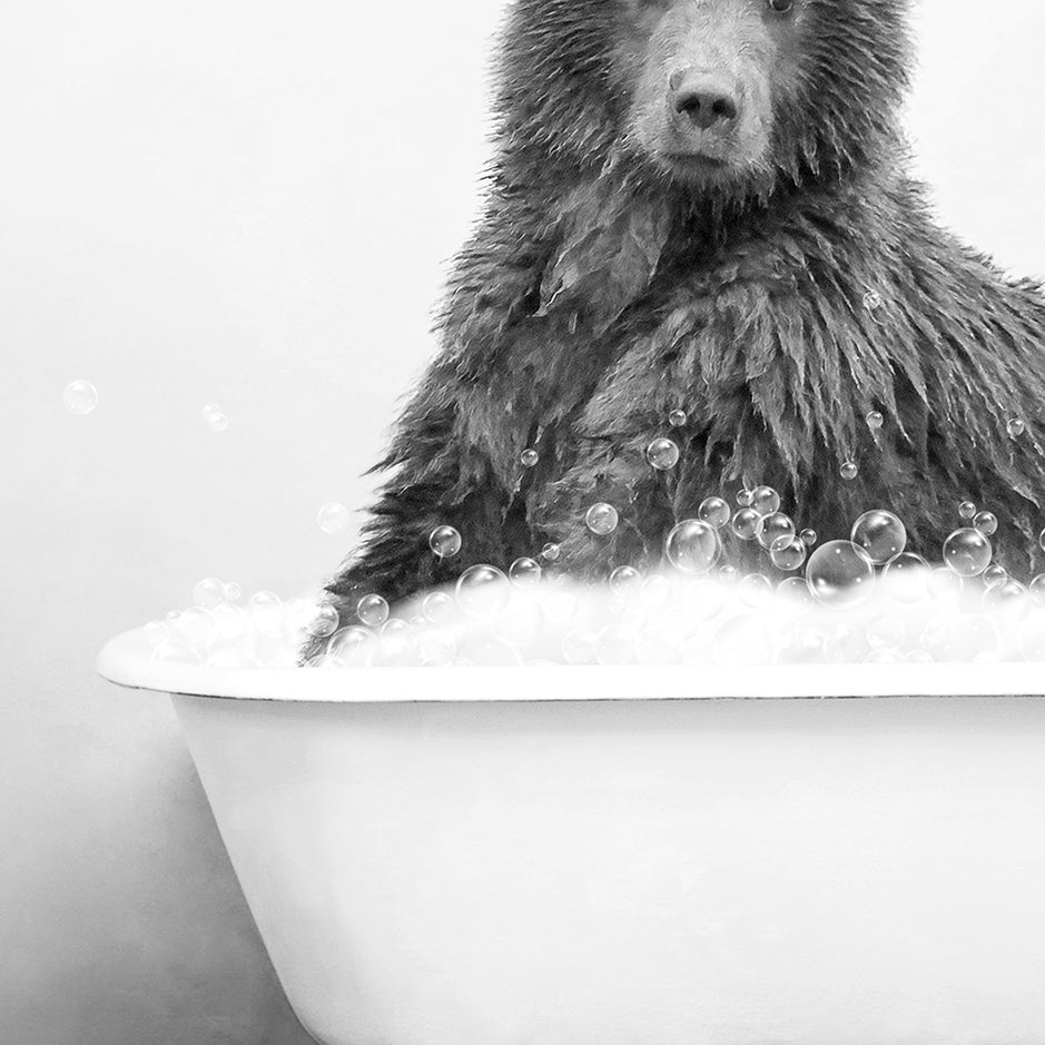 a black and white photo of a bear in a bathtub