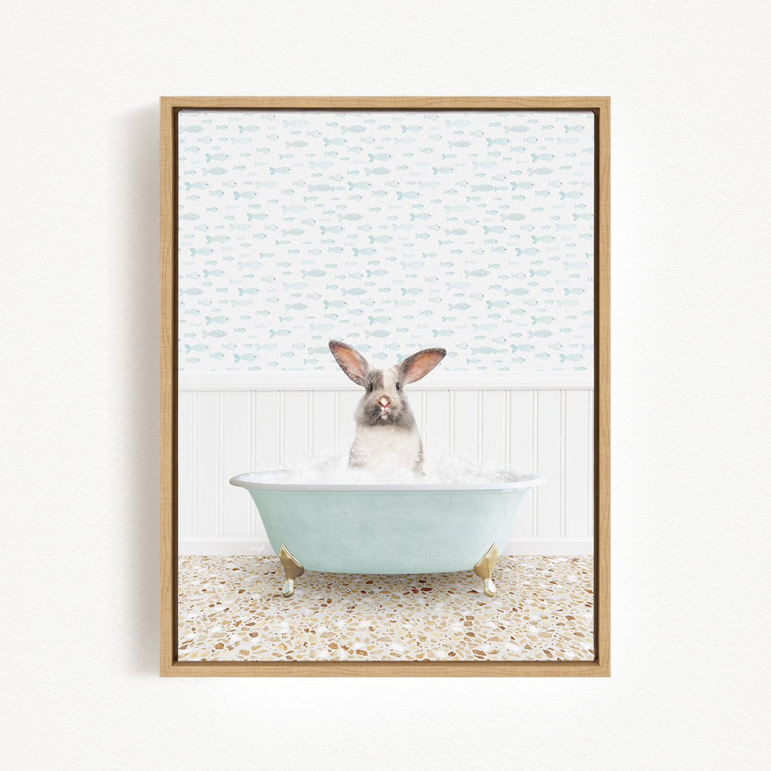 A rabbit sitting in a bathtub filled with water, surrounded by a patterned wall and a tiled floor.