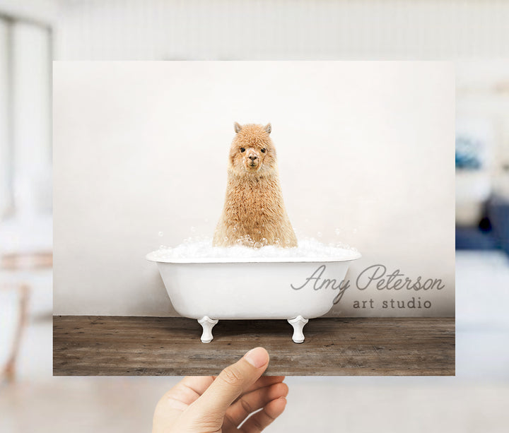 a person holding up a card with a picture of a dog in a bathtub