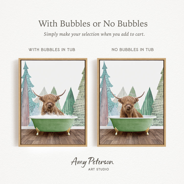 The image is a collage of two pictures featuring a Highland cow sitting in a green tub, with one picture having bubbles and the other not.