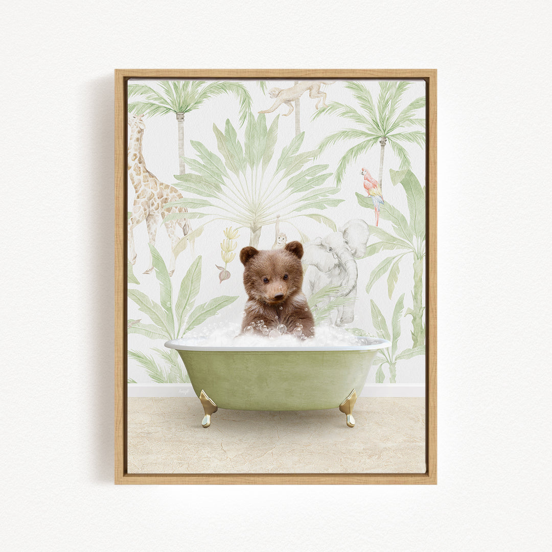 A brown bear is sitting in a green bathtub filled with water, surrounded by a tropical jungle wallpaper with palm trees, giraffes, and other animals.
