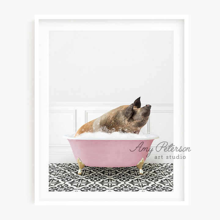 a dog taking a bath in a pink bathtub