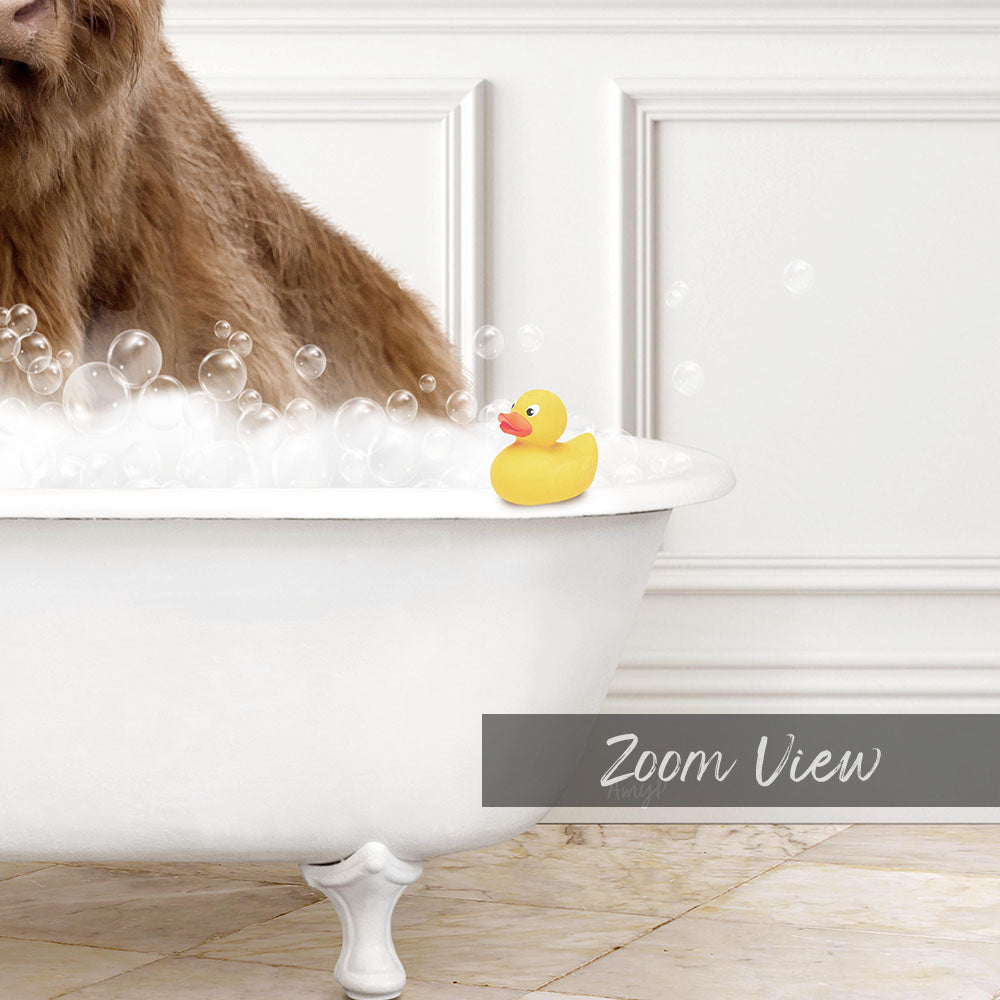 A rubber duck sits in a white bathtub filled with bubbles, creating a playful and whimsical scene.