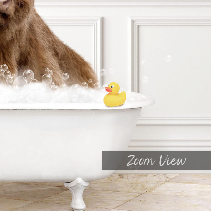 A rubber duck sits in a white bathtub filled with bubbles, creating a playful and whimsical scene.