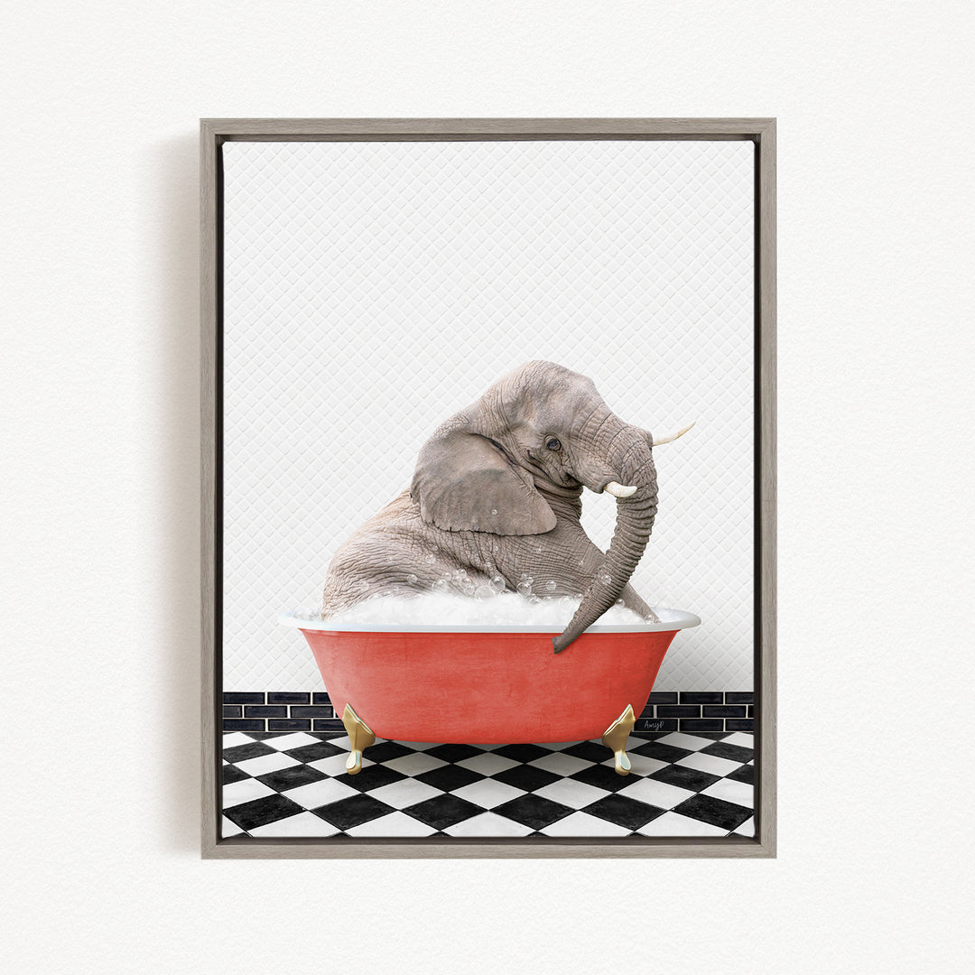 A gray elephant sitting in a red bathtub filled with water, surrounded by a black and white checkered floor.