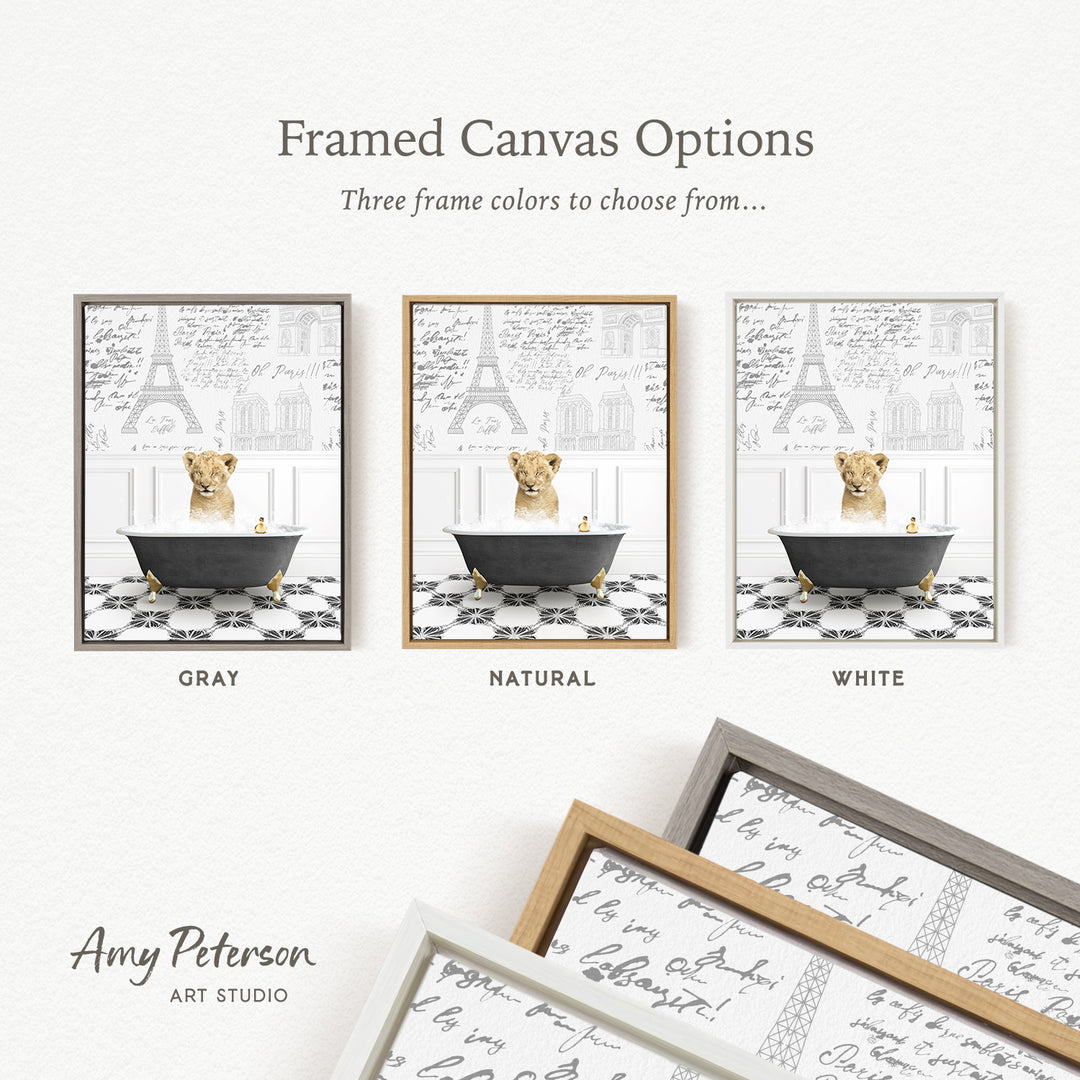 The image is a framed canvas option featuring three different colored frames with a picture of a dog sitting in a bathtub.