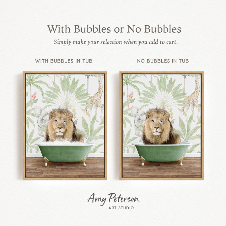 The image is a collage of two framed pictures, each depicting a lion sitting in a bathtub. The lion in the left picture has bubbles in the tub, while the lion in the right picture does not have bubbles. The collage is titled "With Bubbles or No Bubbles" and is created by Amy Peterson from Art Studio.