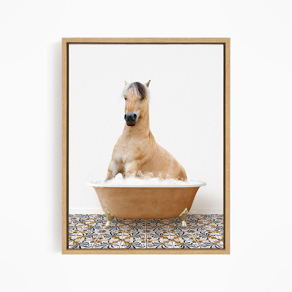 A light brown horse is sitting in a large, round bathtub filled with water, creating a whimsical and playful scene.