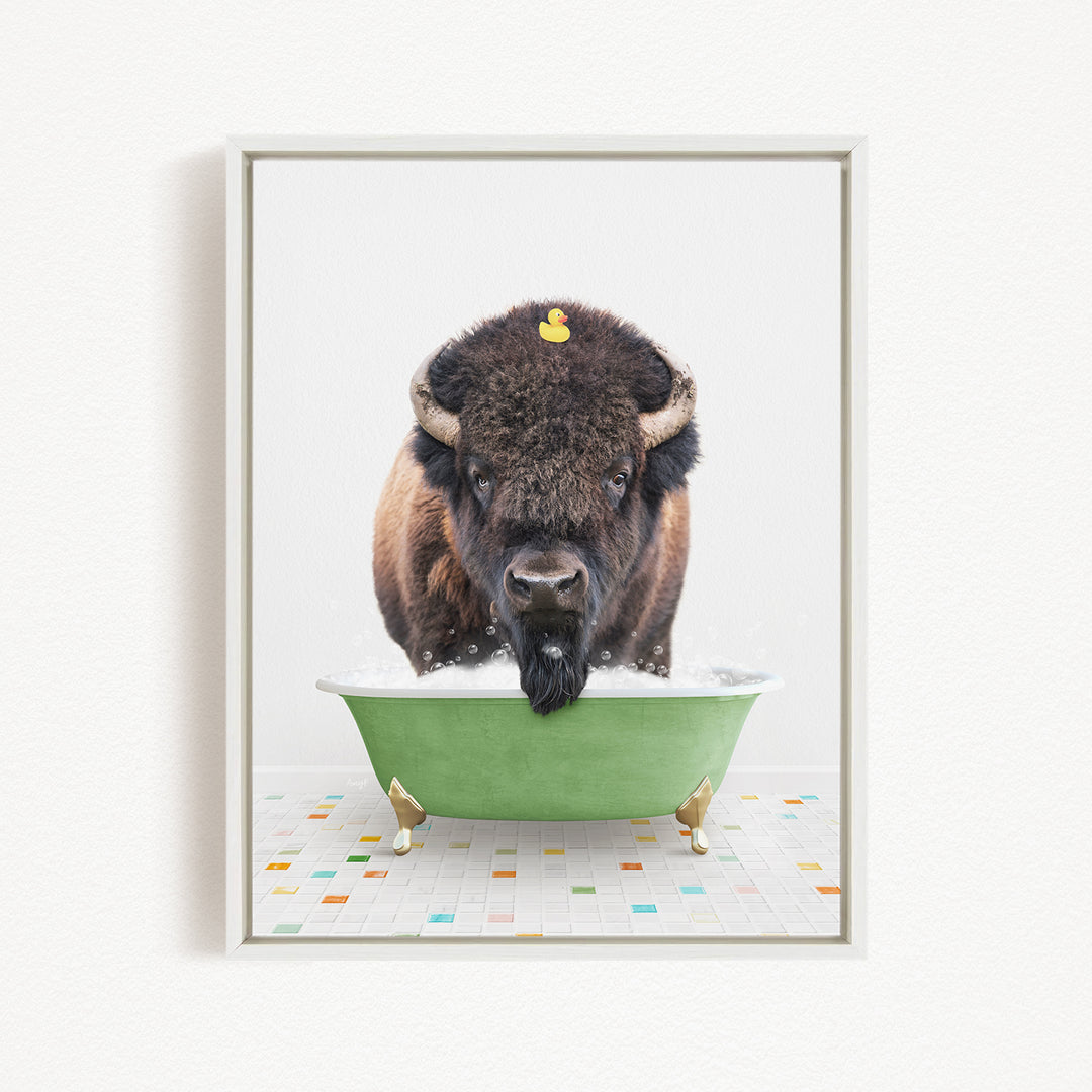 A buffalo with a yellow rubber duck floating on its head is sitting in a green bathtub, surrounded by a colorful tiled floor.