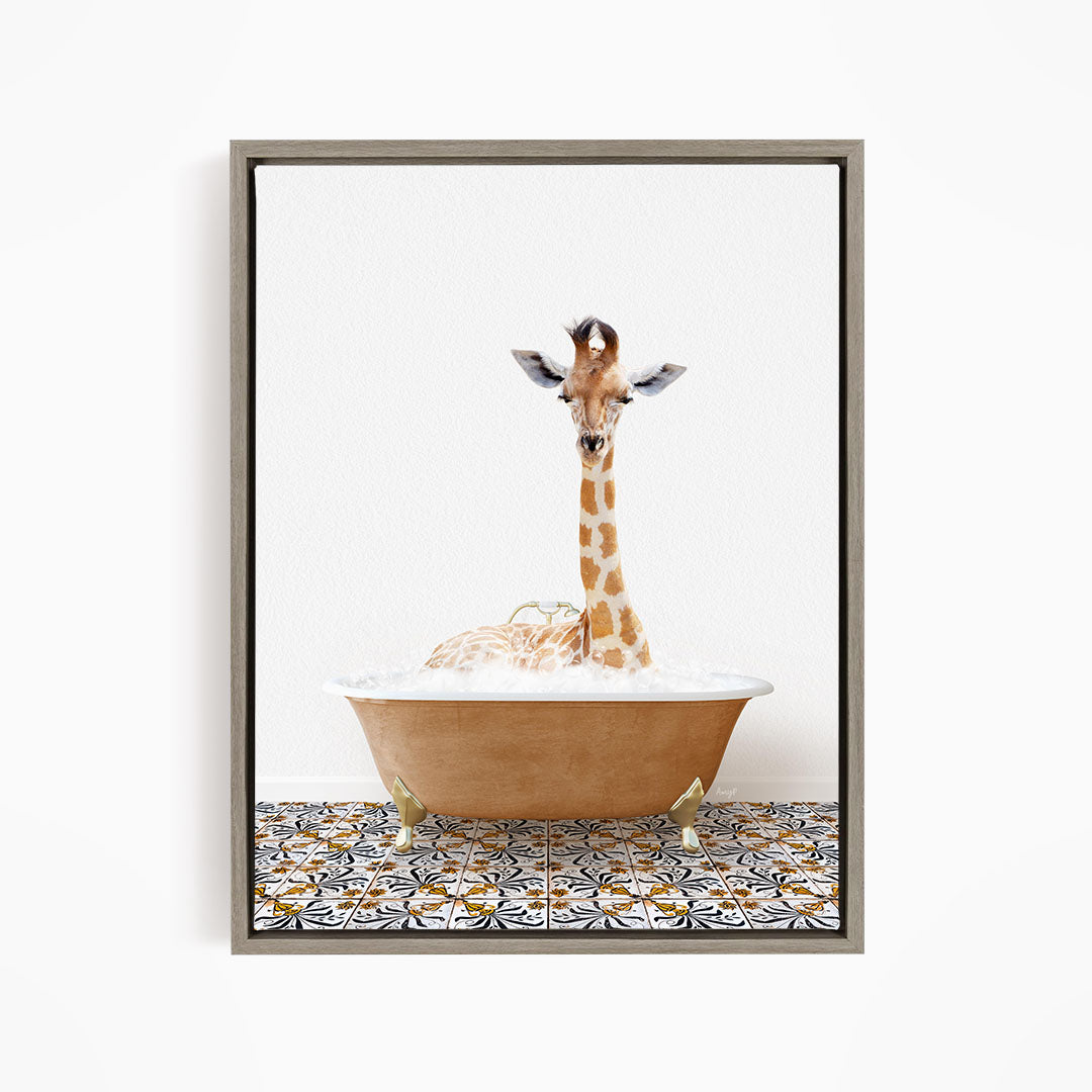 A giraffe is sitting in a bathtub filled with water, creating a whimsical and playful scene.