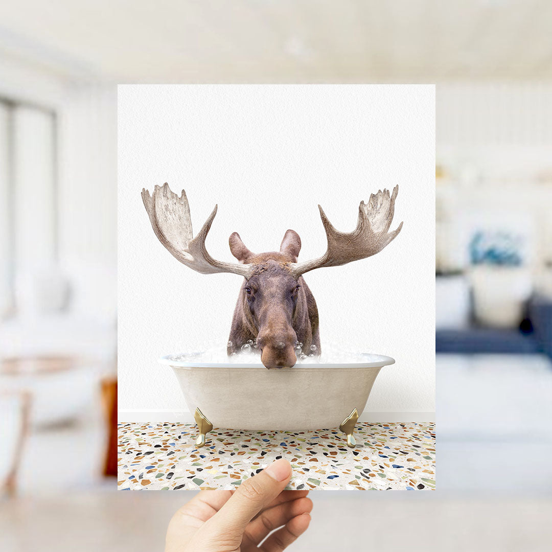 A moose with large antlers is sitting in a bathtub filled with water, creating a whimsical and humorous scene.