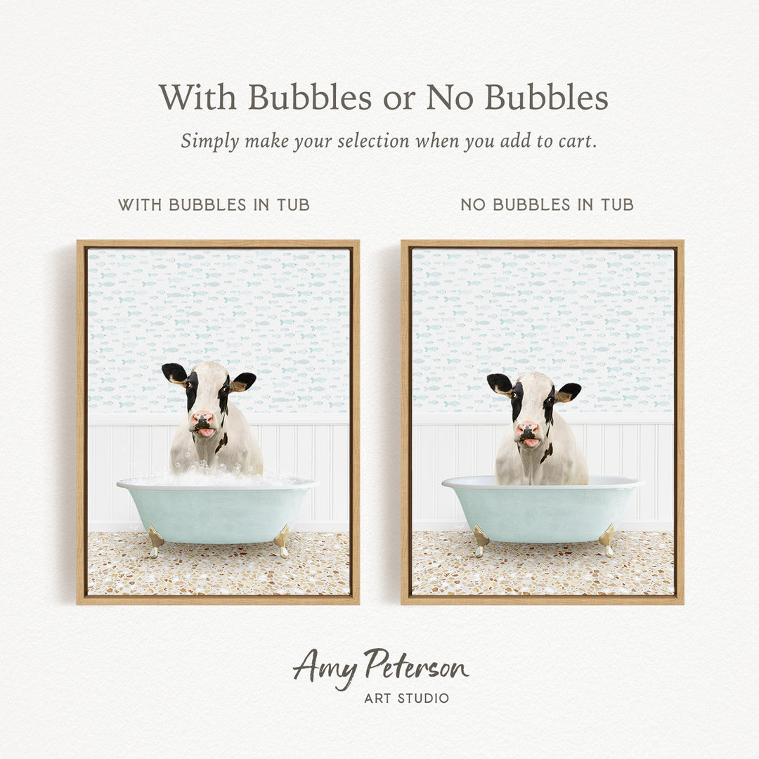 The image is a collage of two pictures featuring a cow sitting in a bathtub. The cow is depicted in both a tub with bubbles and a tub without bubbles, allowing viewers to choose which version they prefer.