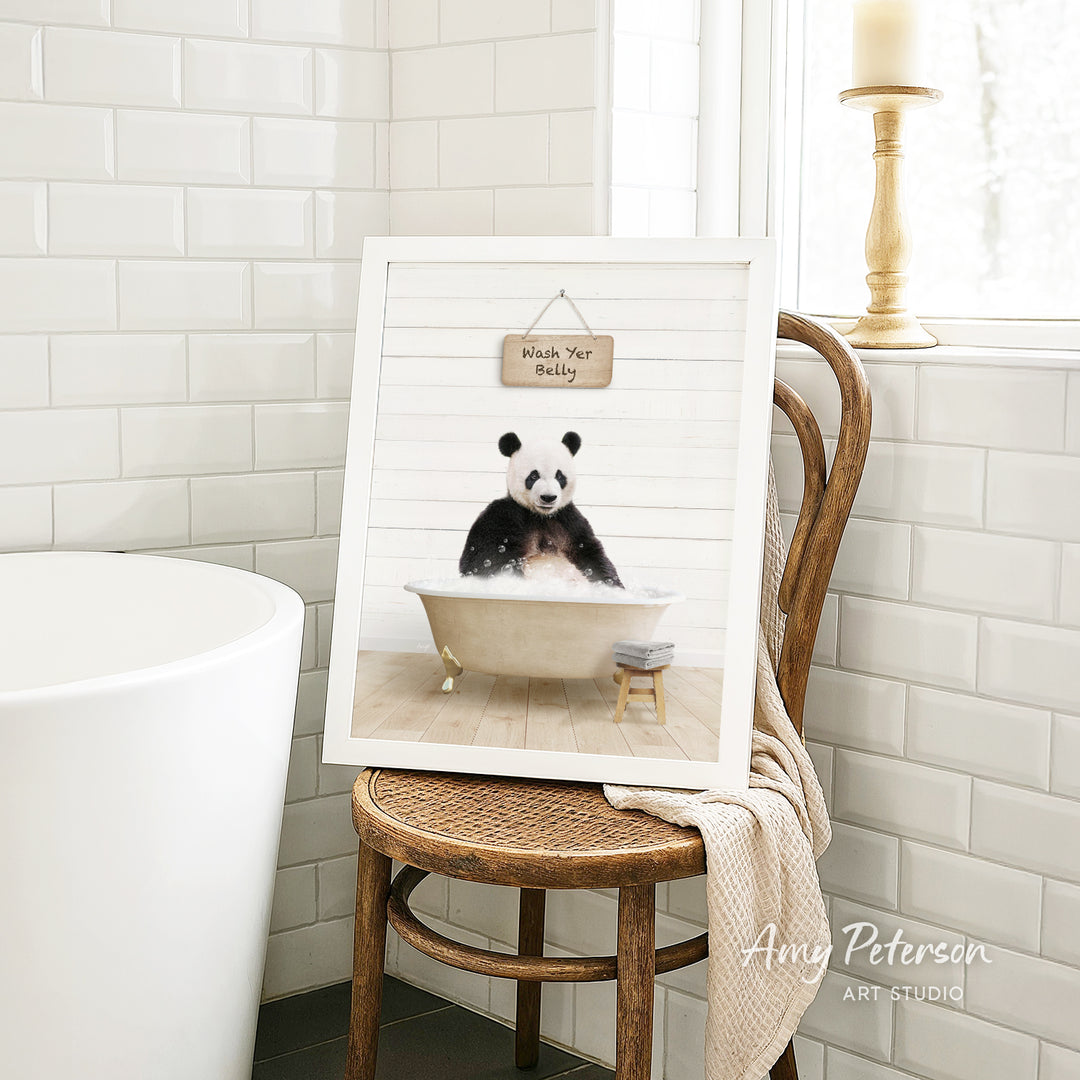 A framed image of a panda sitting in a bathtub, with a sign above it that says "Wish You Happy Bathy".
