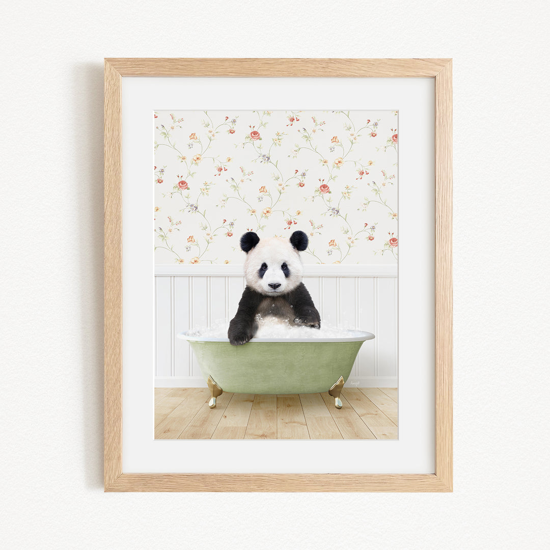 A panda bear sitting in a green bathtub, surrounded by a floral wallpaper.