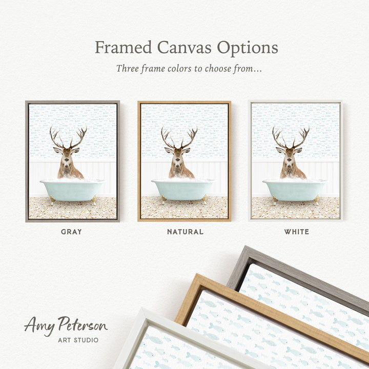 three framed canvas options featuring a deer in a bathtub, each with a different frame color: gray, natural, and white.