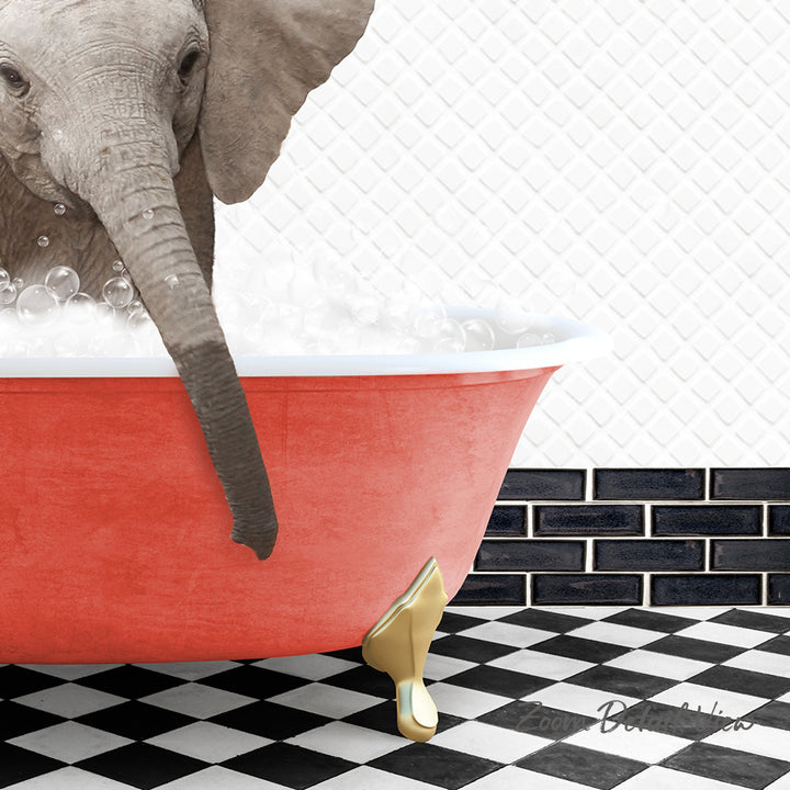 A gray elephant is sitting in a red bathtub filled with bubbles, with a black and white checkered floor and a brick wall in the background.