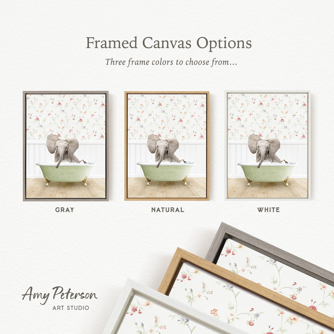 three framed canvas options featuring a gray elephant in a green bathtub, with each option having a different frame color: gray, natural, and white.