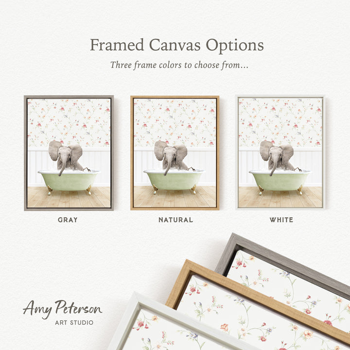 three framed canvas options featuring a gray elephant in a green bathtub, with each option having a different frame color: gray, natural, and white.