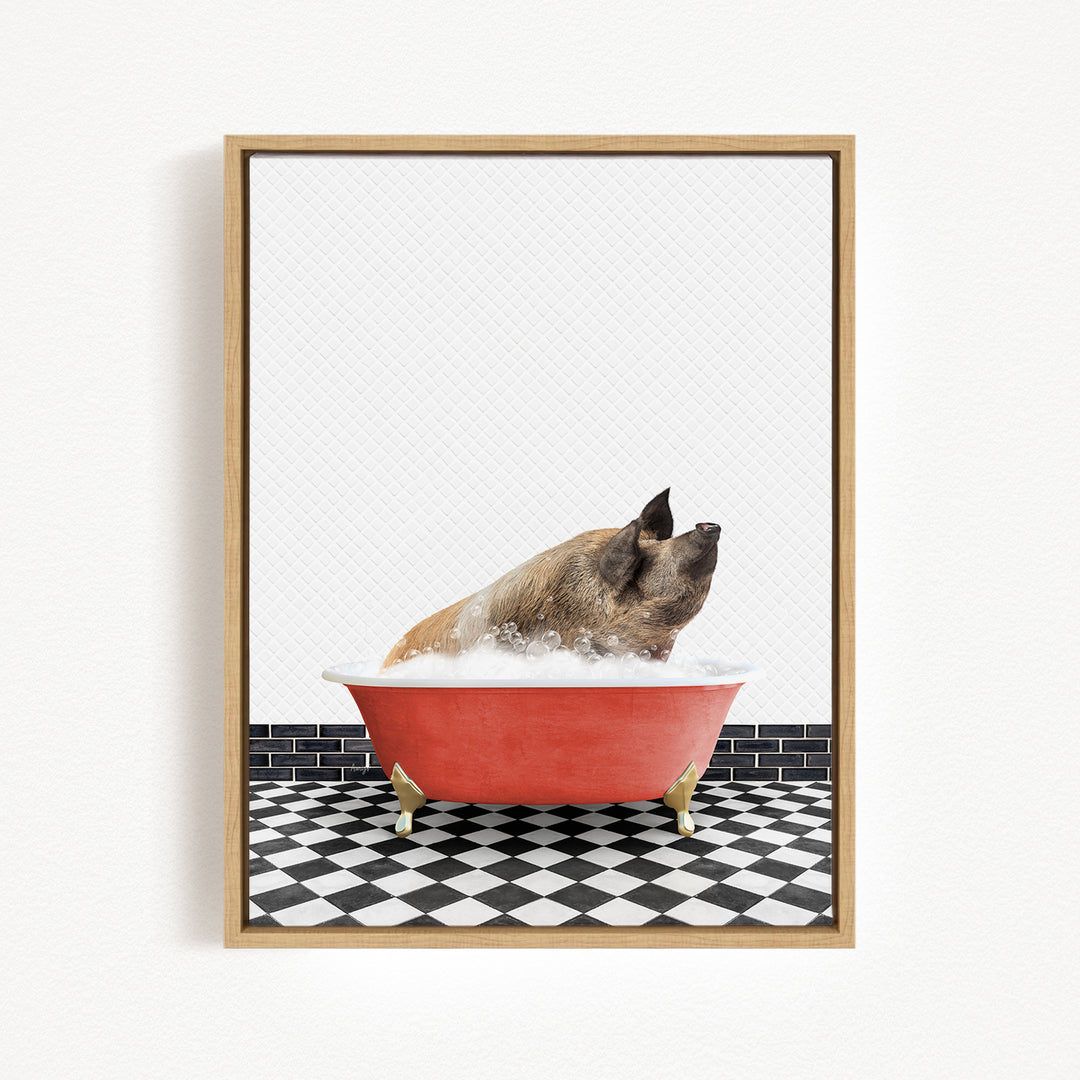 A pig sitting in a red bathtub filled with water, surrounded by a black and white checkered floor.