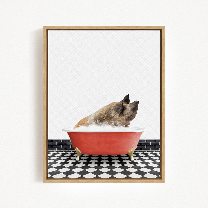 A pig sitting in a red bathtub filled with water, surrounded by a black and white checkered floor.