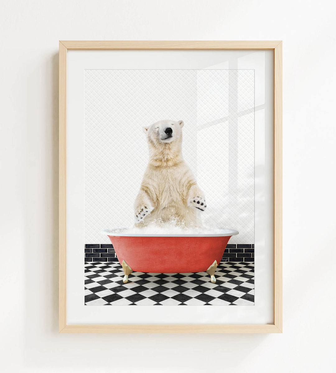 A polar bear is sitting in a red bathtub filled with water, surrounded by a black and white checkered floor.
