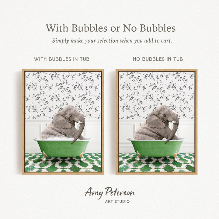 The image is a collage of two pictures featuring an elephant sitting in a green tub. The text above the images reads "With Bubbles or No Bubbles" and below the images, it says "Simply make your selection when you add to cart."