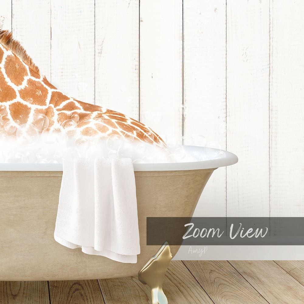 A giraffe is sitting in a bathtub filled with water, with a towel draped over the side of the tub.