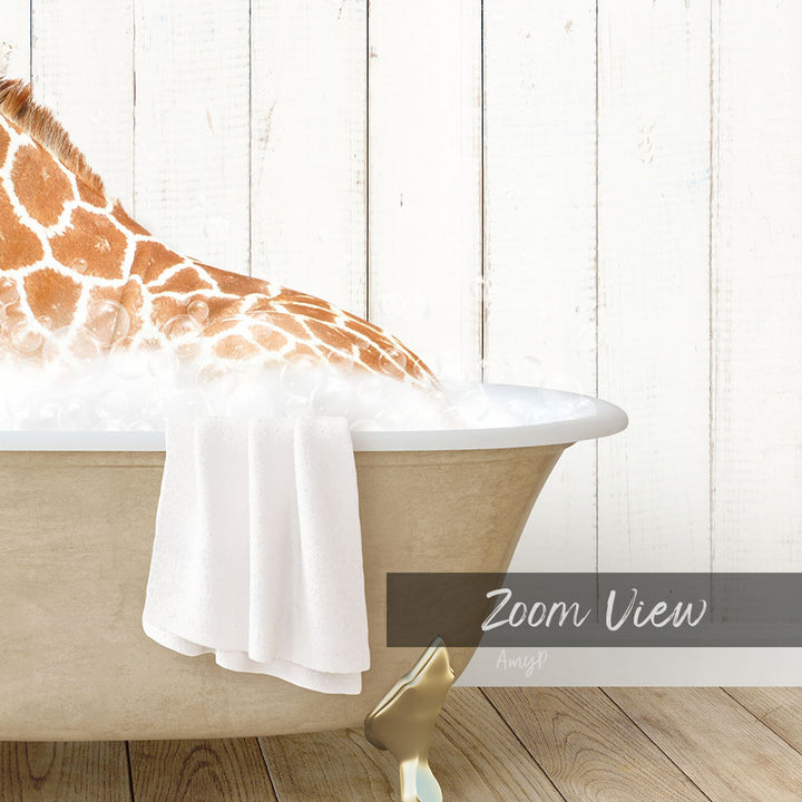 A giraffe is sitting in a bathtub filled with water, with a towel draped over the side of the tub.