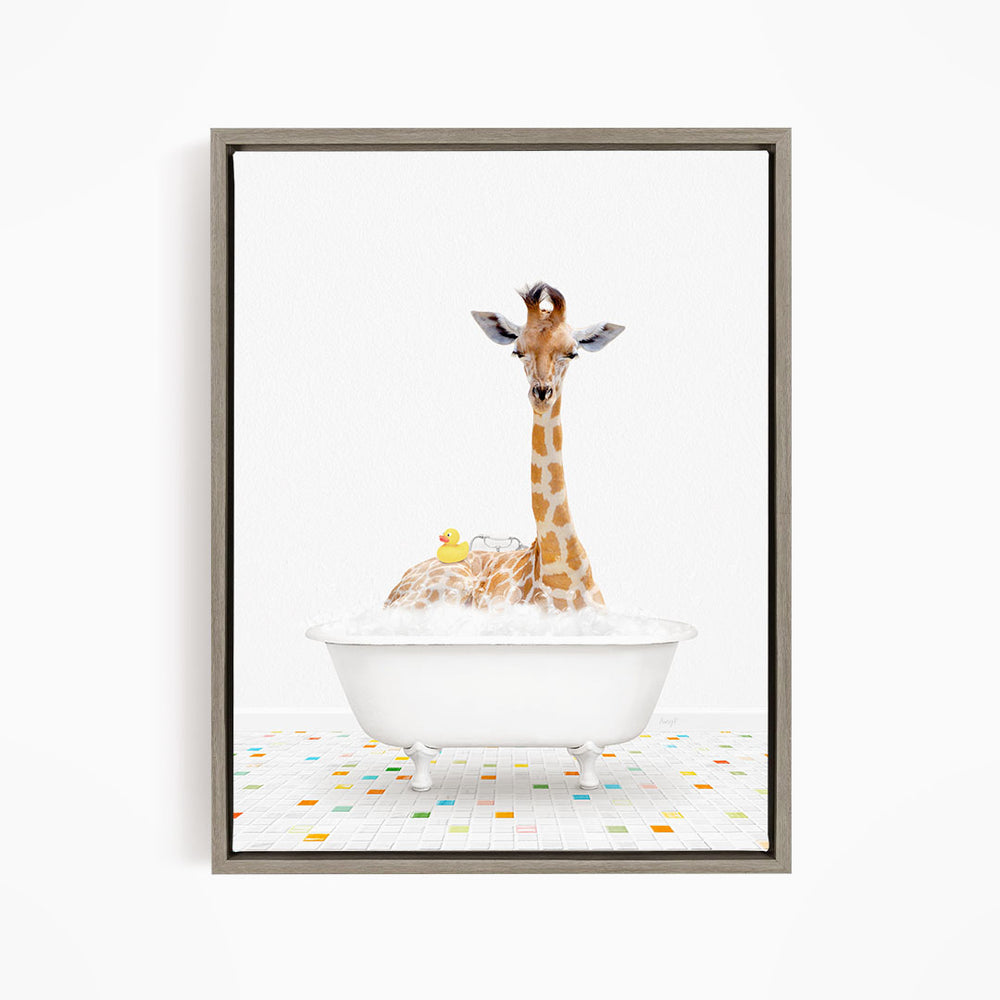 A giraffe is sitting in a white bathtub filled with bubbles, surrounded by a colorful tiled floor.