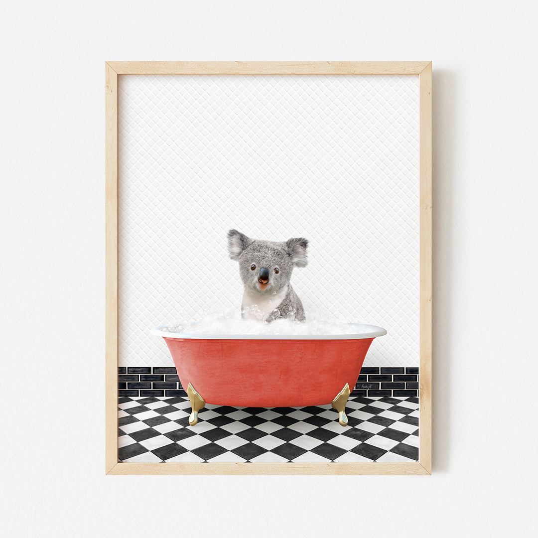 a framed photo of a koala in a bathtub