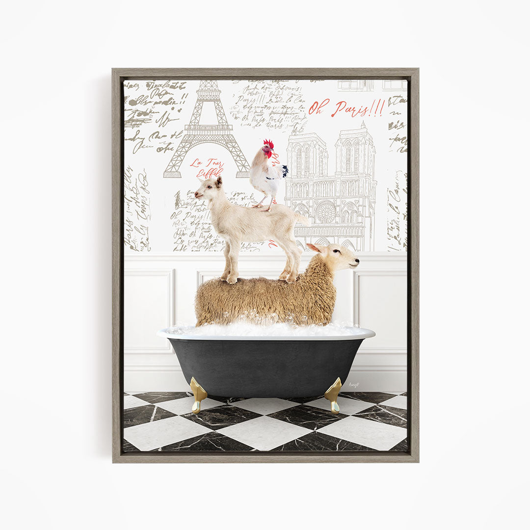 A framed image depicting a sheep standing on a bathtub, with a rooster perched on top of it, against a backdrop of the Eiffel Tower and other Parisian landmarks.