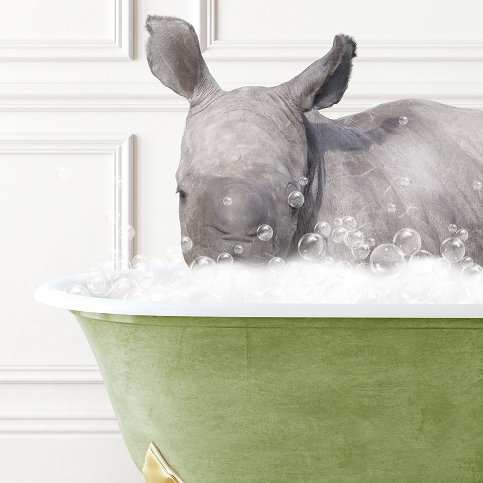 a rhino in a bathtub with bubbles on it