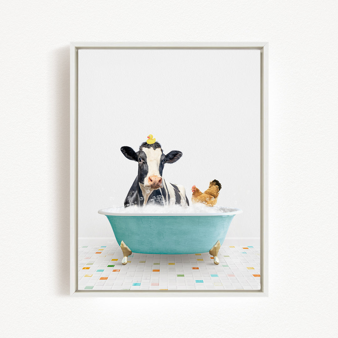 A black and white cow with a yellow bird perched on its head is sitting in a blue bathtub, surrounded by a colorful tiled floor.