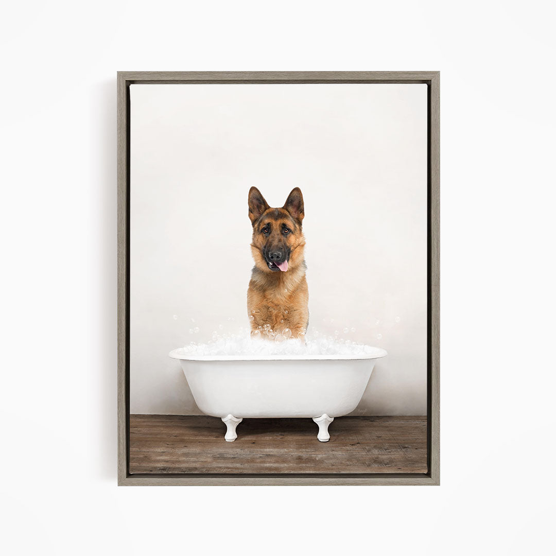A German Shepherd dog standing in a white bathtub filled with water, with its tongue hanging out, creating a playful and humorous scene.