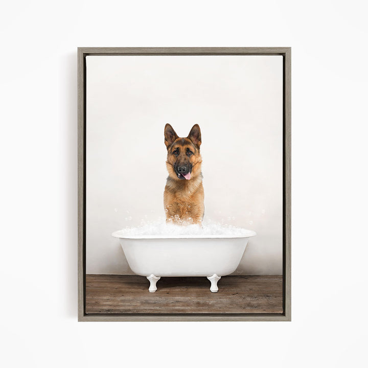 A German Shepherd dog standing in a white bathtub filled with water, with its tongue hanging out, creating a playful and humorous scene.
