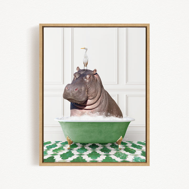 A hippopotamus sitting in a green bathtub, with a seagull perched on its head.