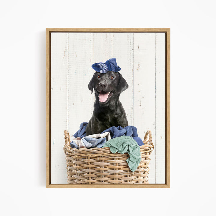 A black dog wearing a blue hat sits in a wicker basket filled with clothes.