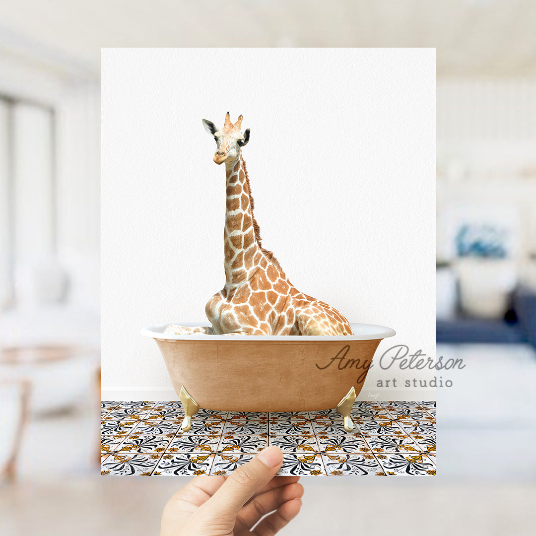 a giraffe is sitting in a bath tub