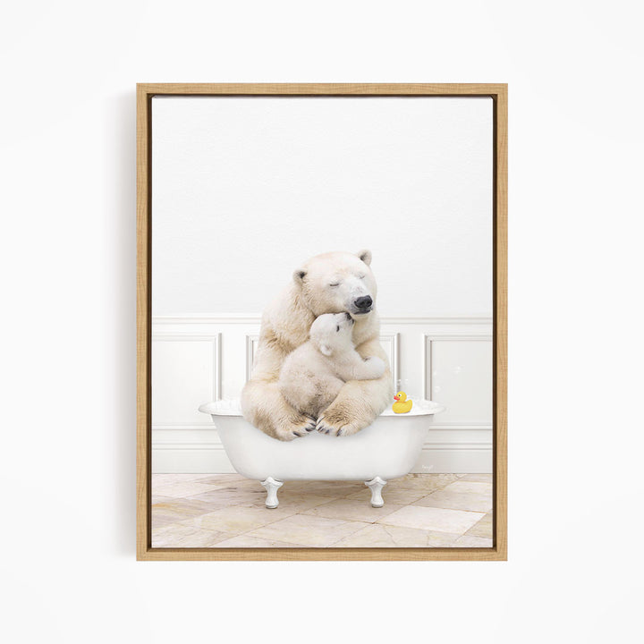 A polar bear and its cub sitting together in a bathtub, with a rubber duck floating on the water.