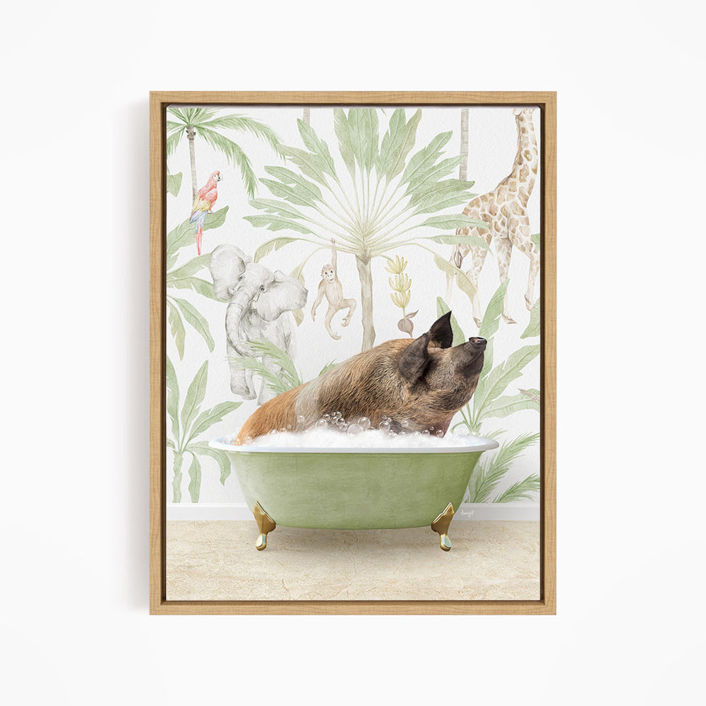 A pig is sitting in a green bathtub filled with water, surrounded by various animals such as a giraffe, parrot, and elephant, all set against a tropical jungle backdrop.