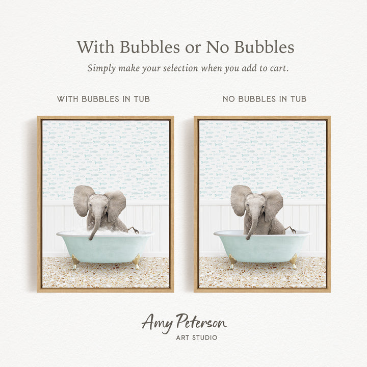 The image is a collage of two pictures featuring an elephant sitting in a bathtub. The first picture has bubbles in the tub, while the second picture does not have bubbles. The text above the images reads "With Bubbles or No Bubbles Simply make your selection when you add to cart."
