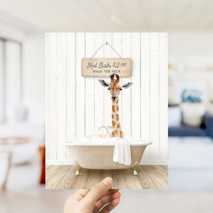 A giraffe standing in a bathtub filled with water, with a sign above it that says "Hot Bath $2.00 WASH YOUR NECK".
