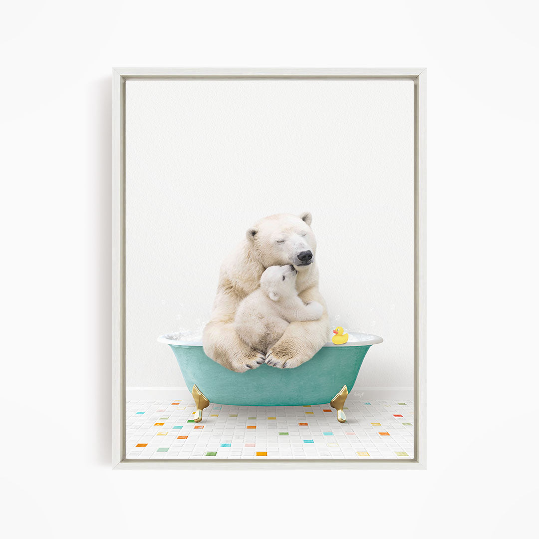 A polar bear is sitting in a bathtub filled with water, surrounded by a yellow rubber duck and a blue faucet.
