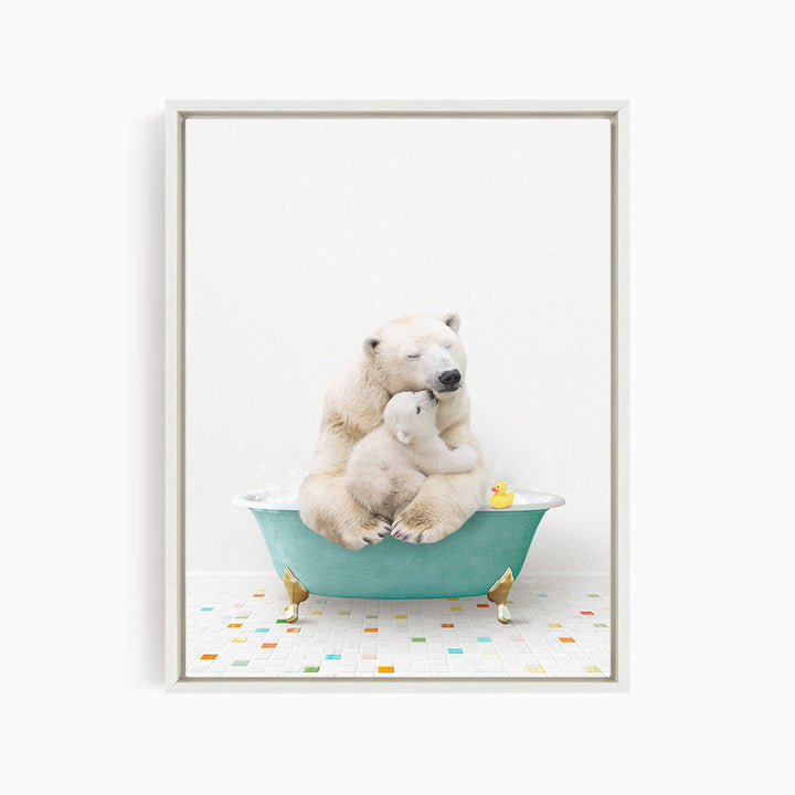 A polar bear is sitting in a bathtub filled with water, surrounded by a yellow rubber duck and a blue faucet.
