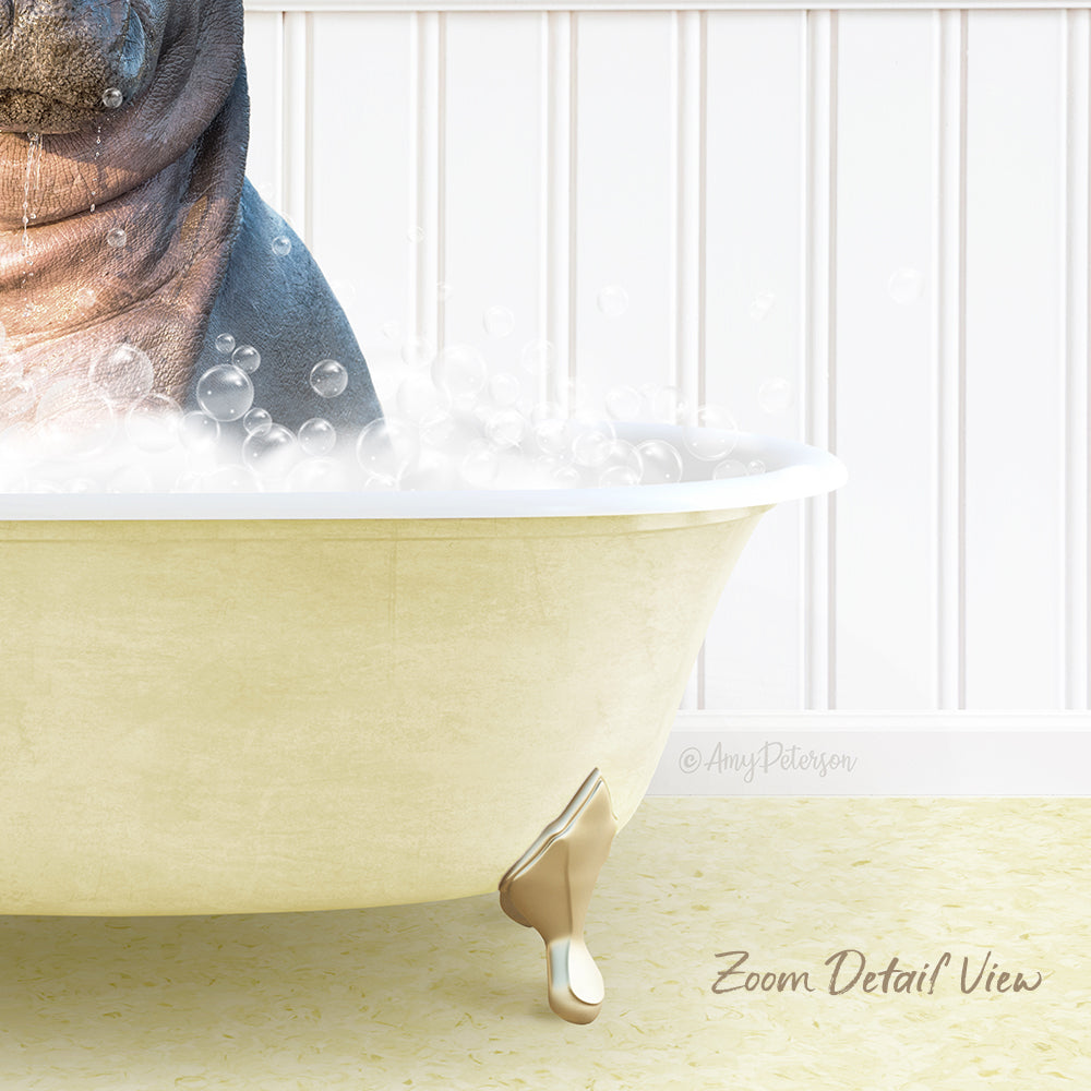 A bathtub filled with bubbles, with a dog sitting inside it.