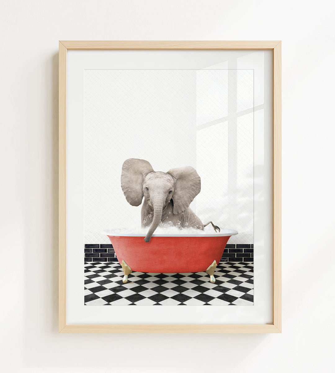 A gray elephant is sitting in a red bathtub on a black and white checkered floor.