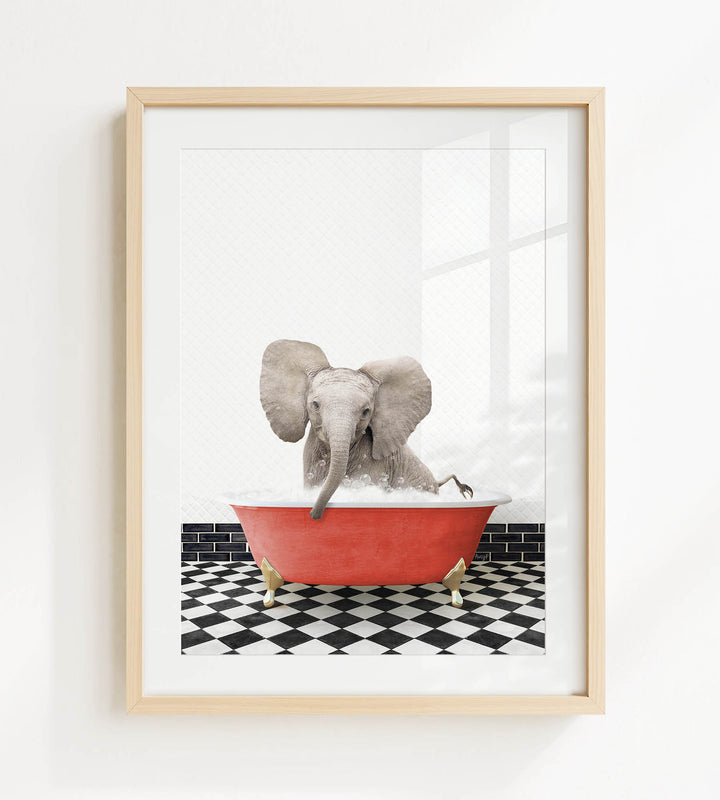A gray elephant is sitting in a red bathtub on a black and white checkered floor.