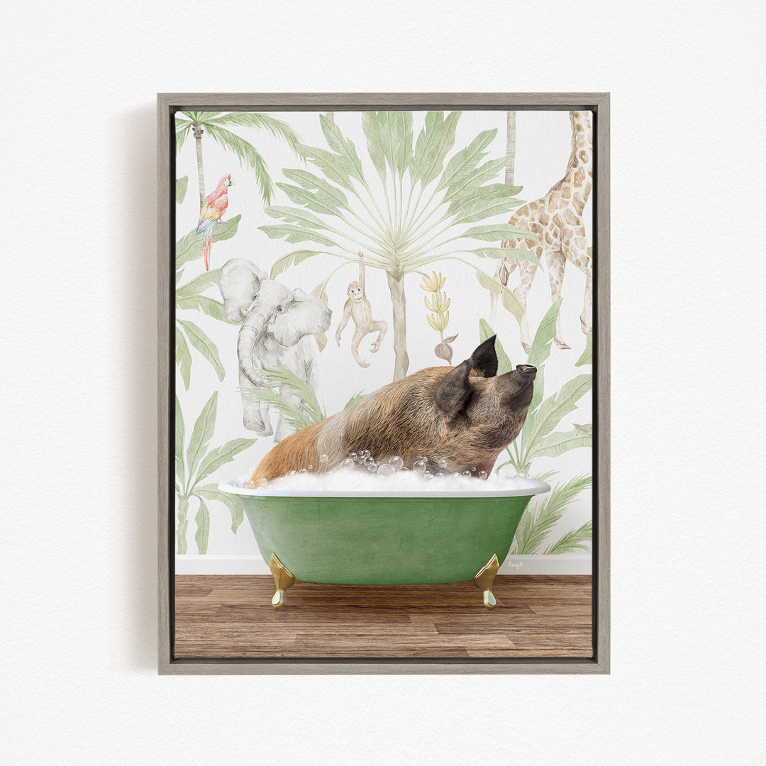 A pig is sitting in a green bathtub, surrounded by various animals such as a parrot, giraffe, and monkey, all set against a tropical wallpaper backdrop.